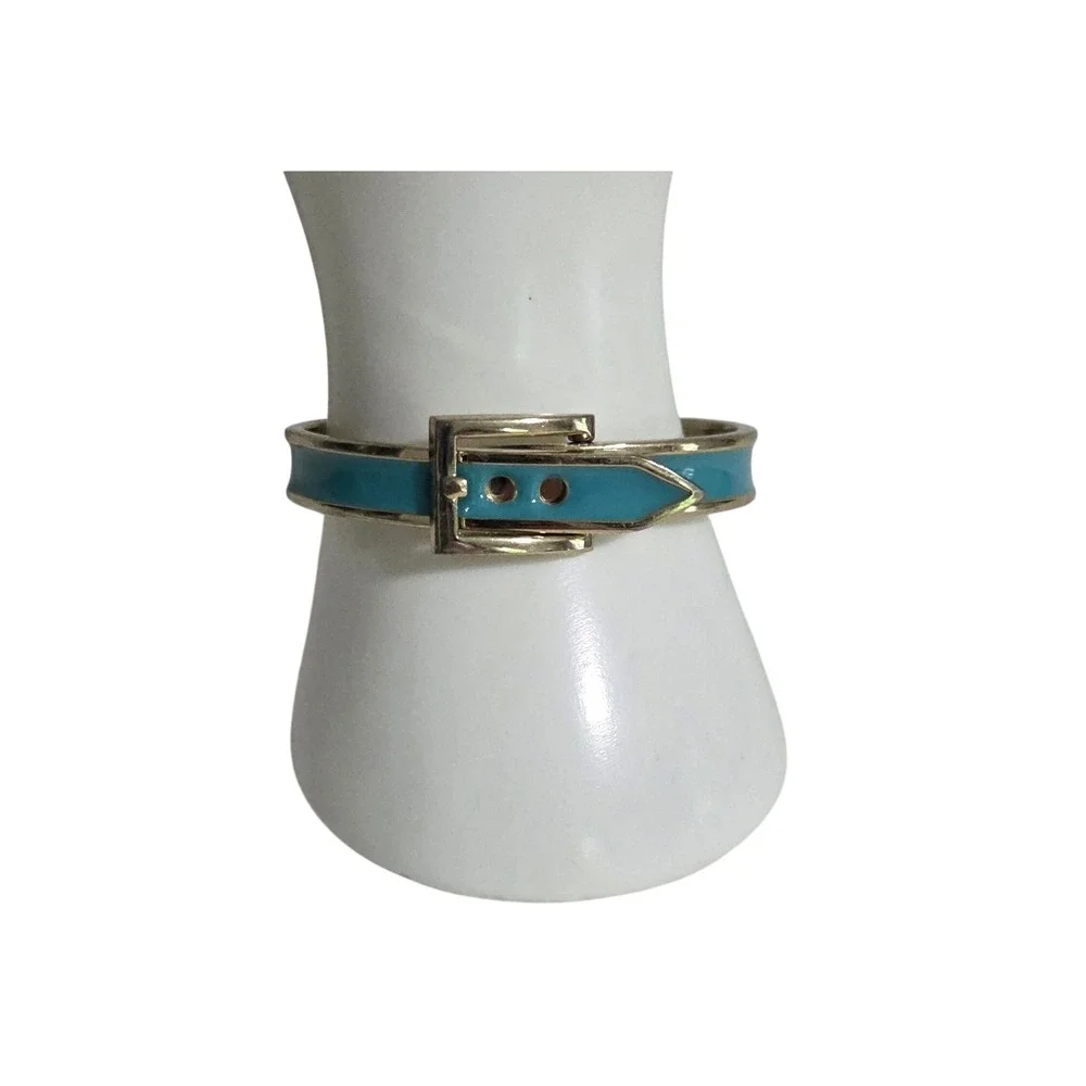 Vintage Gold Tone Retro Teal Green Enamel Belt Buckle Hinged Bangle‎ Bracelet